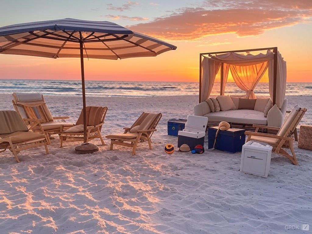 Professional beach equipment rental setup with premium cabana, comfortable chairs, and umbrella service at St. Petersburg Florida beach at golden hour sunset